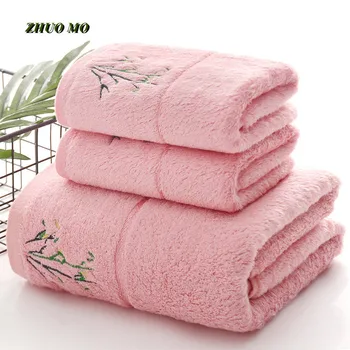 Мягкое утолщенное полотенце из бамбукового волокна Для ванной комнаты, Большое 70 * 140 см, Впитывающее полотенце с вышивкой для подарка взрослым, Детское полотенце для душа, розовое Домашнее полотенце