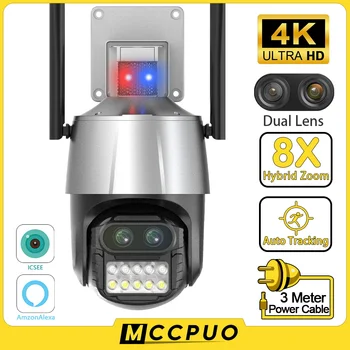 Mccpuo 4K 8MP Двухобъективная Уличная Wifi Камера с 8-кратным Зумом PTZ AI Автоматическое Отслеживание Противоугонная Сирена Сигнализация Камера Безопасности iCSee