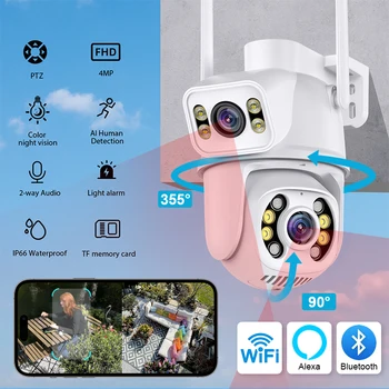 Камера 4K WiFi с двойным объективом и двойным экраном Ai Human Detect Автоматическое отслеживание Беспроводная камера наружного наблюдения Поддерживает NETIP