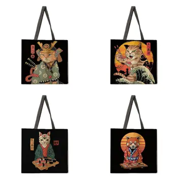 Женская повседневная сумка с изображением японских животных, женская сумка через плечо, складная сумка для покупок, уличная пляжная сумка, сумка-тоут