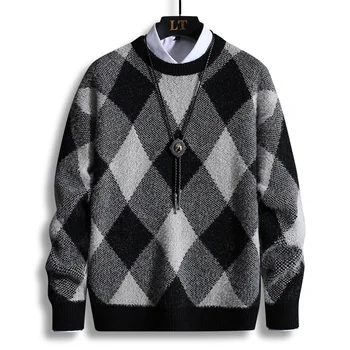 Зимний Новый шерстяной свитер, Мужской Свободный пуловер с круглым вырезом и длинным рукавом, Модные мужские свитшоты из Аргайла, Нижняя рубашка, вязаный джемпер