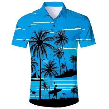 Мужские Гавайские Рубашки Европейского Размера 5XL с 3D Принтом Кокосовой Пальмы, Летняя Свободная Рубашка с коротким рукавом, Повседневные Пляжные Рубашки на Пуговицах, Праздничные
