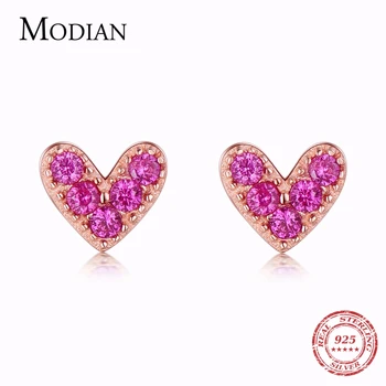 Modian, оригинальные сердца из стерлингового серебра 925 Пробы, модный цвет Розового Золота, Розовый CZ, Простые серьги-гвоздики Для женщин, Ювелирные изделия из Стерлингового серебра