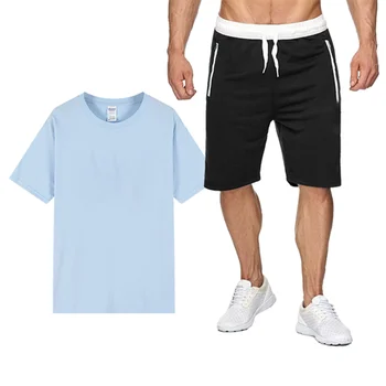 Осенние мужские комплекты, повседневная простая футболка, спортивные шорты + брюки, модный спортивный костюм для фитнеса с короткими рукавами, DYN